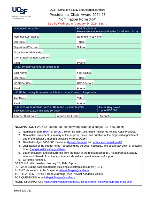 Presidential Chair Award 2024 25 Nomination Form screenshot