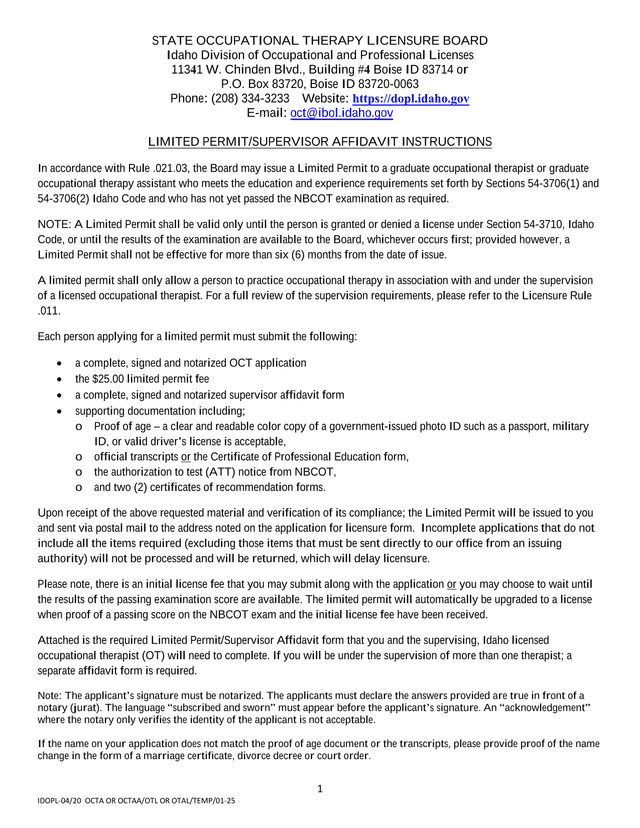LIMITED PERMITSUPERVISOR AFFIDAVIT INSTRUCTIONS screenshot