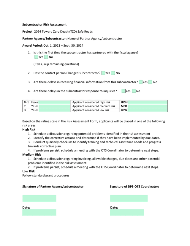 Subcontractor Risk Assessment Form screenshot