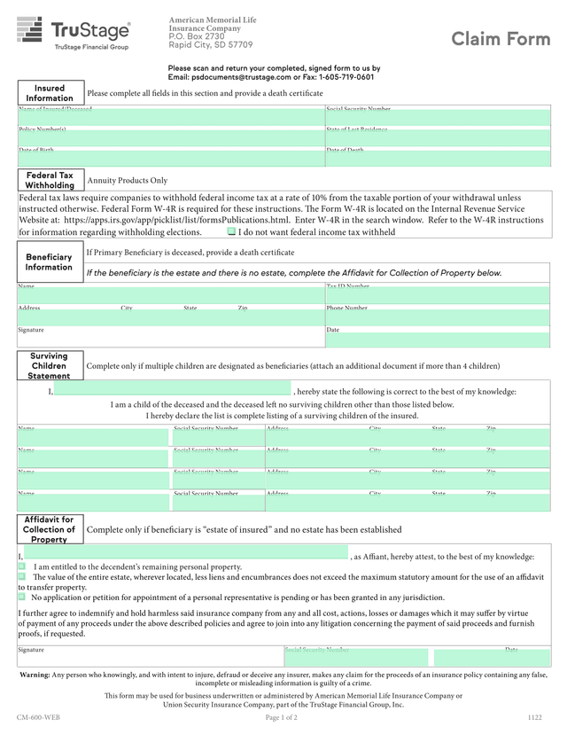 CM 600 WEB Claim Form screenshot
