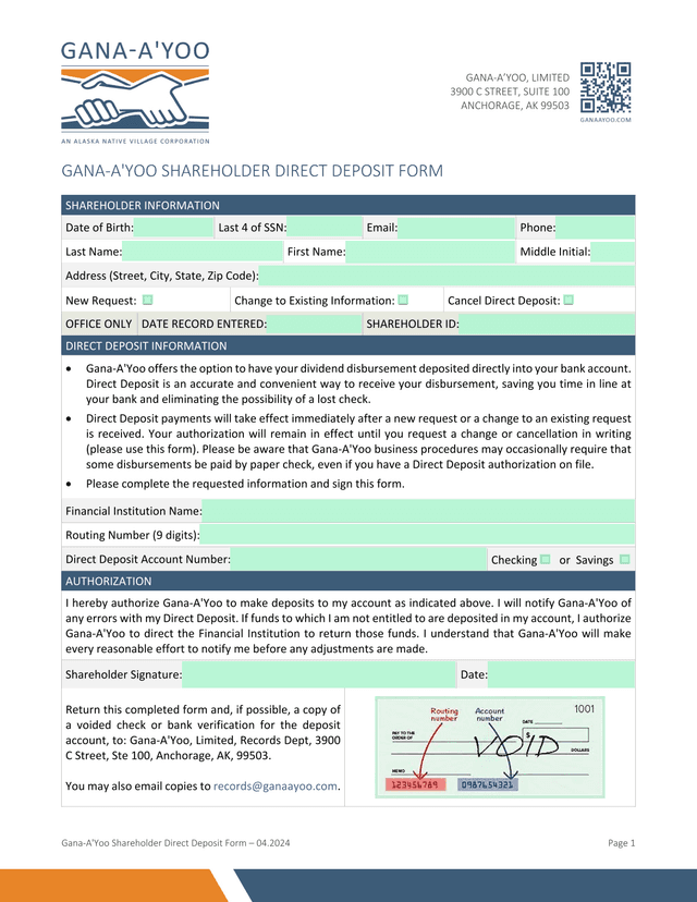 Gana AYoo Shareholder Direct Deposit Form screenshot