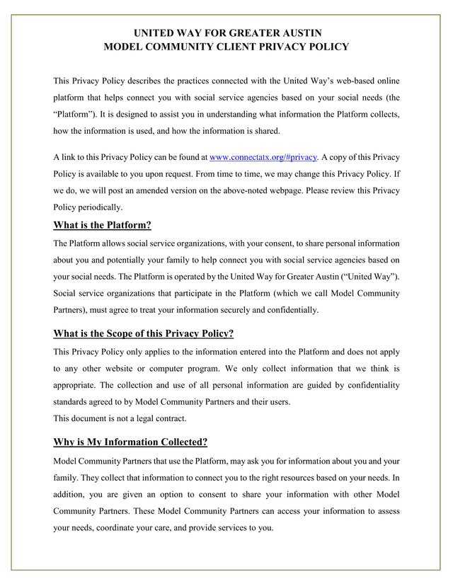 United Way For Greater Austin Model Community Client Privacy Policy screenshot