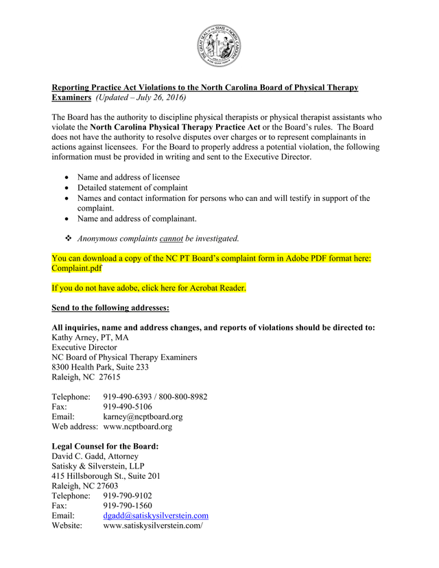 Reporting Practice Act Violations To The North Carolina Board Of Physical Therapy Examiners screenshot