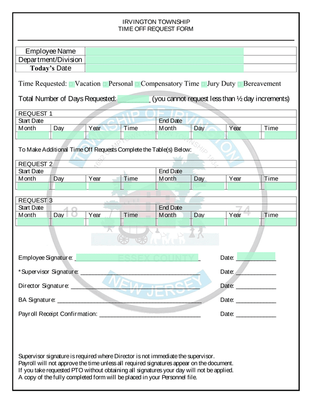 Irvington Township Time Off Request Form screenshot