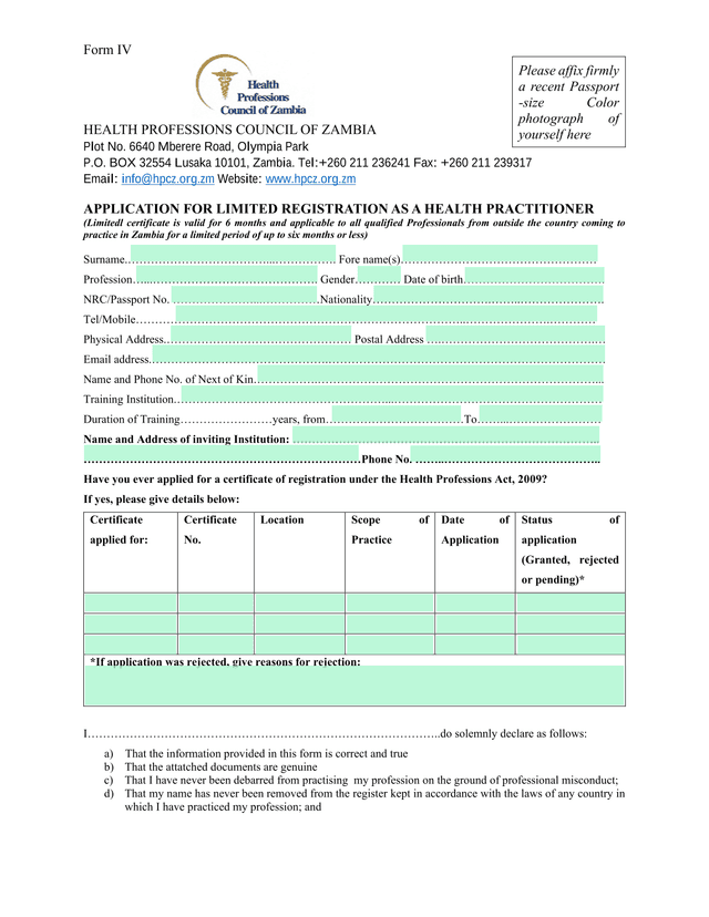 Form IV Application For Limited Registration As A Health Practitioner screenshot