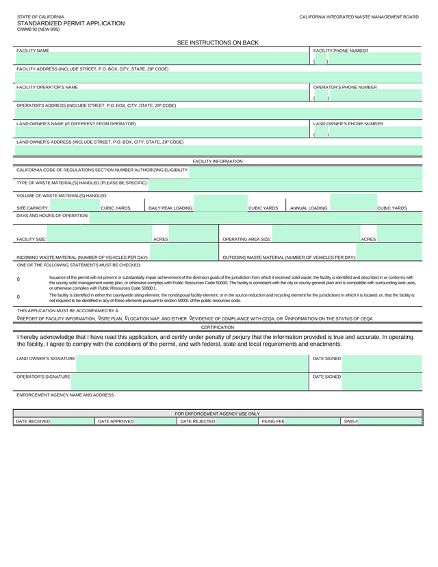 STATE OF CALIFORNIA STANDARDIZED PERMIT APPLICATION screenshot
