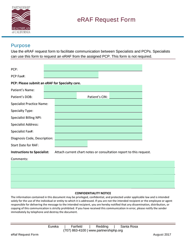 ERaf Request Form screenshot