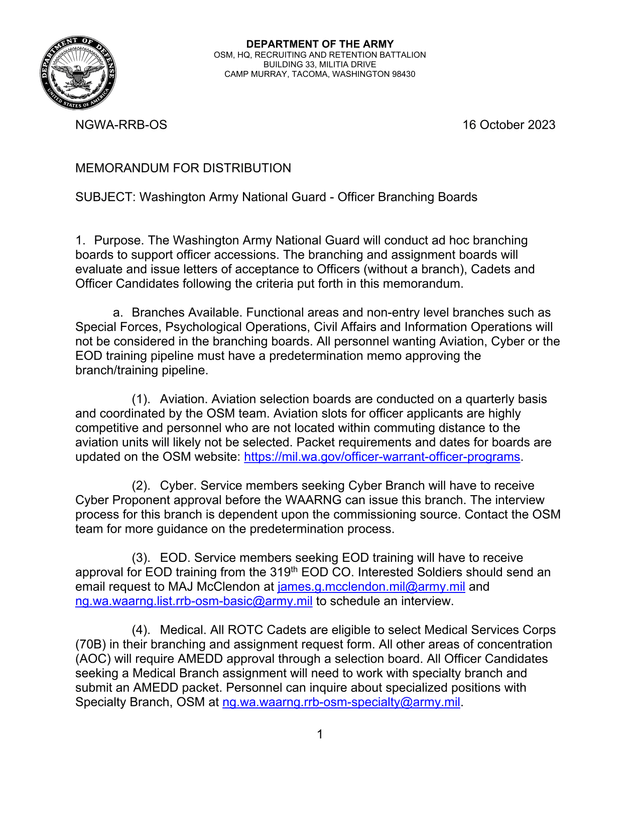 Washington Army National Guard   Officer Branching Boards screenshot