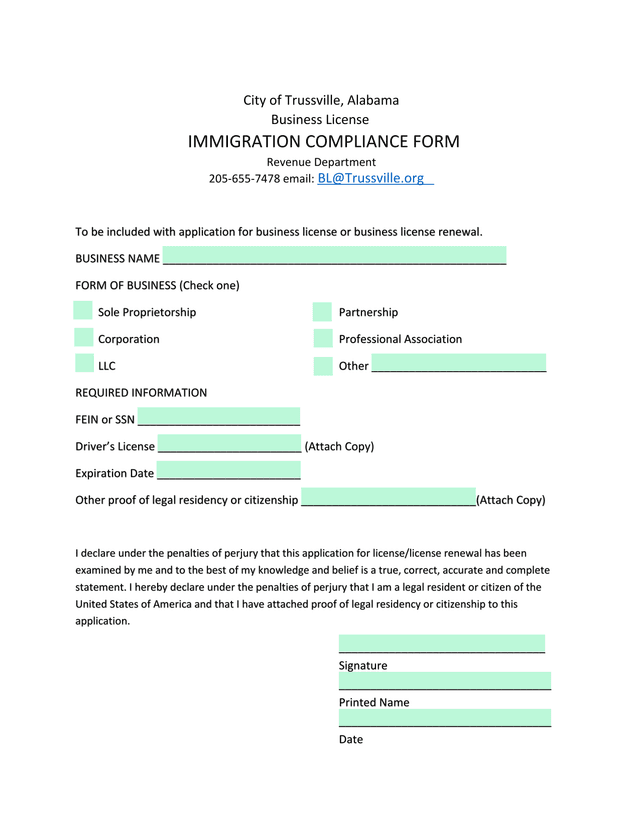 City Of Trussville, Alabama Business License Immigration Compliance Form screenshot