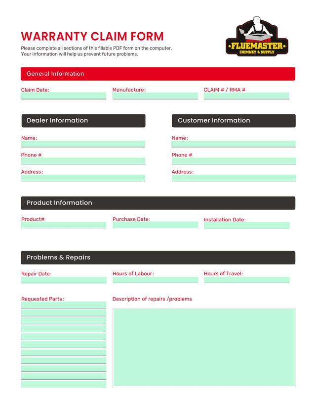 WARRANTY CLAIM FORM screenshot