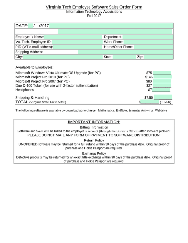 Virginia Tech Employee Software Sales Order Form screenshot
