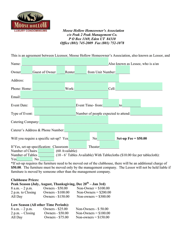 Moose Hollow HomeownerS Association Clubhouse Rental Agreement screenshot