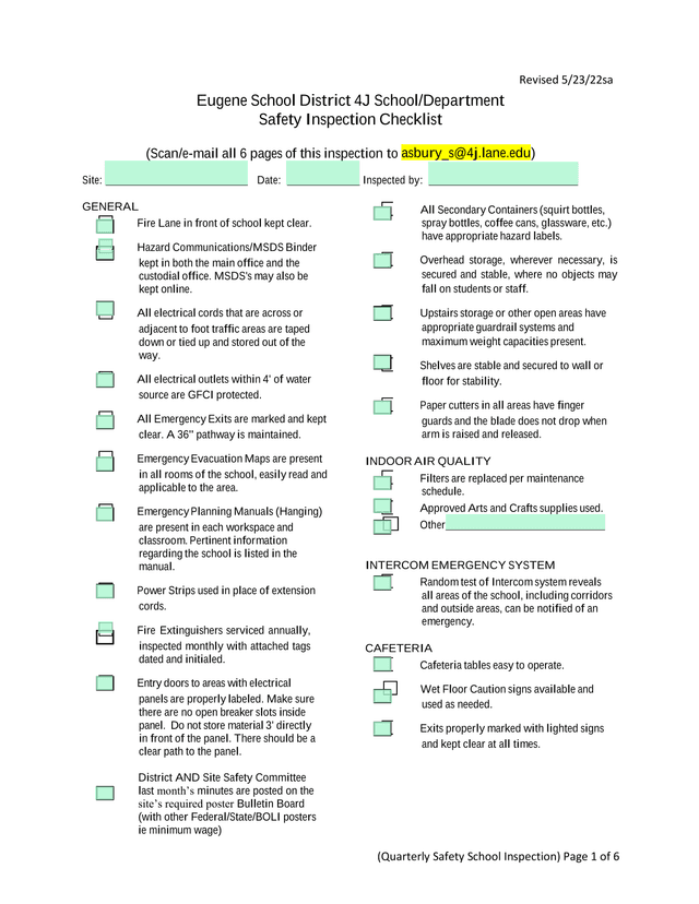 Eugene School District 4J SchoolDepartment Safety Inspection Checklist screenshot