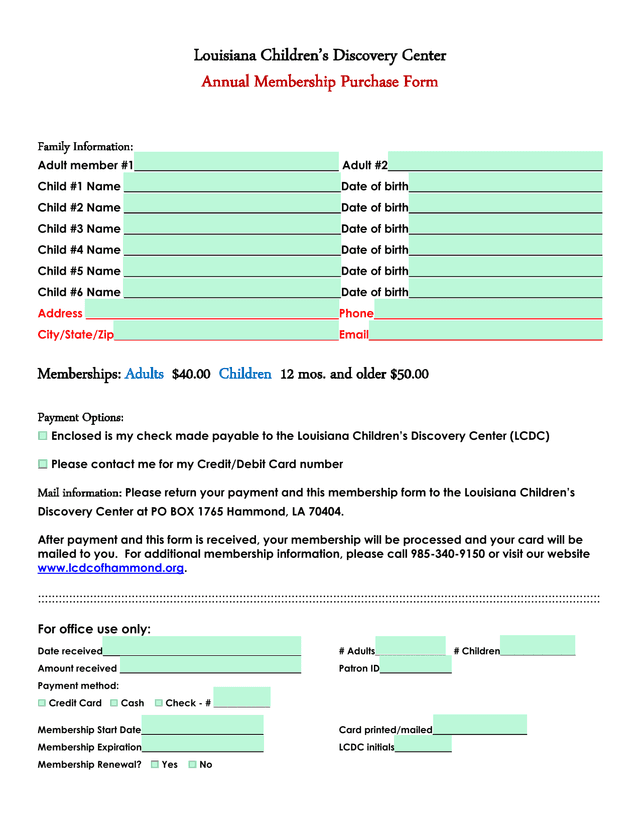 Louisiana ChildrenS Discovery Center Annual Membership Purchase Form screenshot