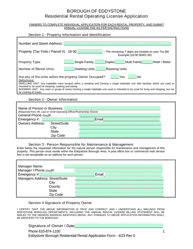 Residential Rental Operating License Application screenshot