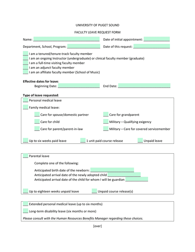 UNIVERSITY OF PUGET SOUND FACULTY LEAVE REQUEST FORM screenshot