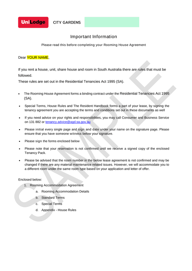 City Gardens Rooming House Agreement screenshot