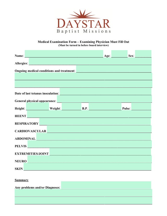 Medical Examination Form  Examining Physician Must Fill Out screenshot