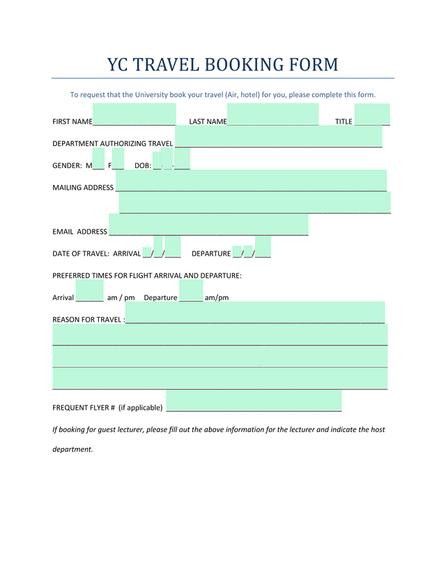 YC Travel Booking Form screenshot