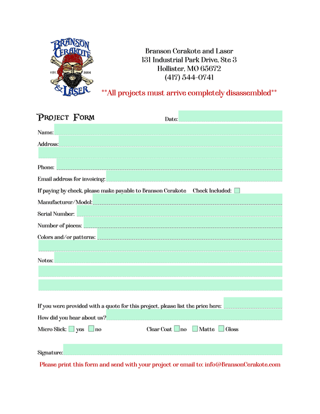 Branson Cerakote Project Form screenshot