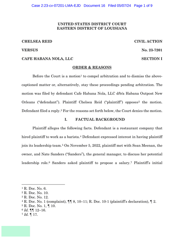 Chelsea Reid V. Cafe Habana Nola, LLC   Court Order screenshot