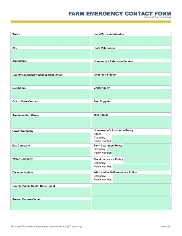 Farm Emergency Contact Form screenshot