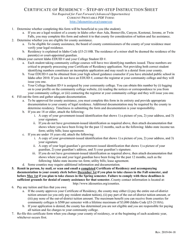 Certificate Of Residency  Step By Step Instruction Sheet screenshot