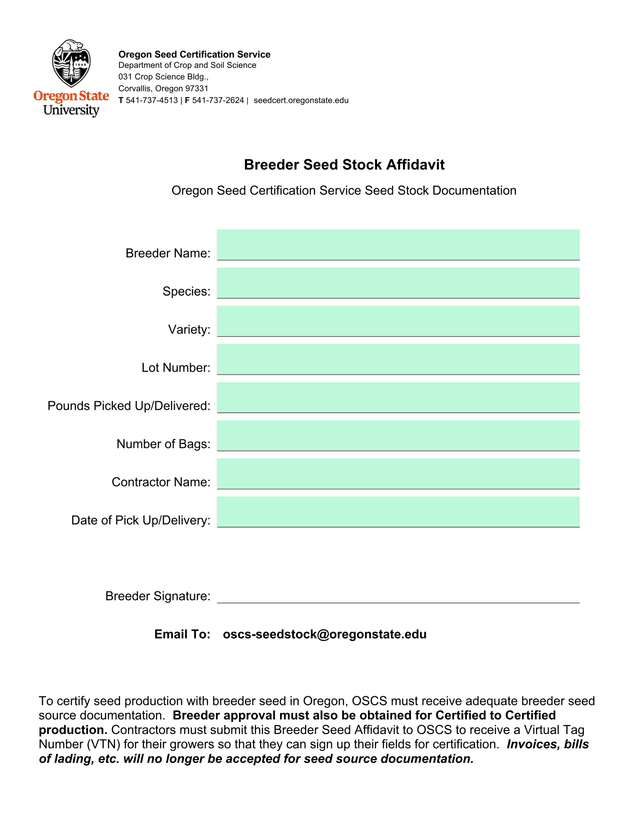 Breeder Seed Stock Affidavit screenshot