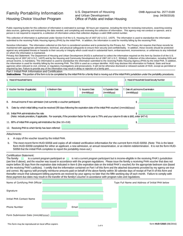 HUD 52665 Family Portability Information screenshot