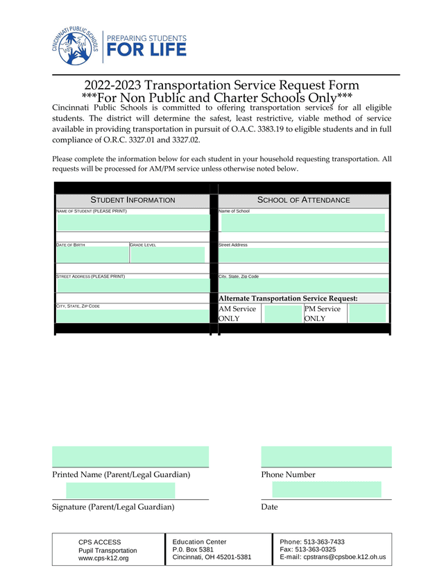 2022 2023 Transportation Service Request Form screenshot