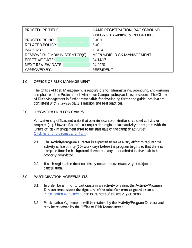 Camp Registration, Background Checks, Training  Reporting Procedure screenshot