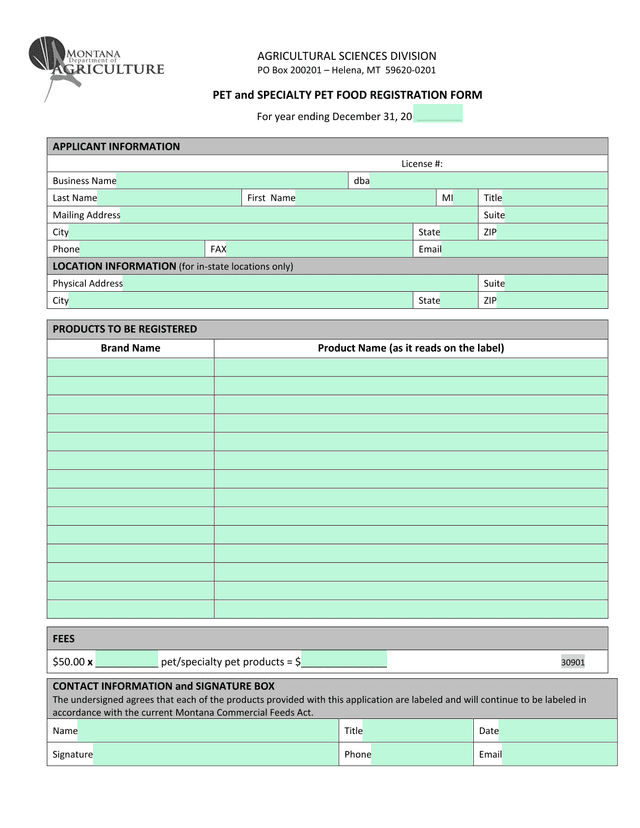 PET And SPECIALTY PET FOOD REGISTRATION FORM screenshot