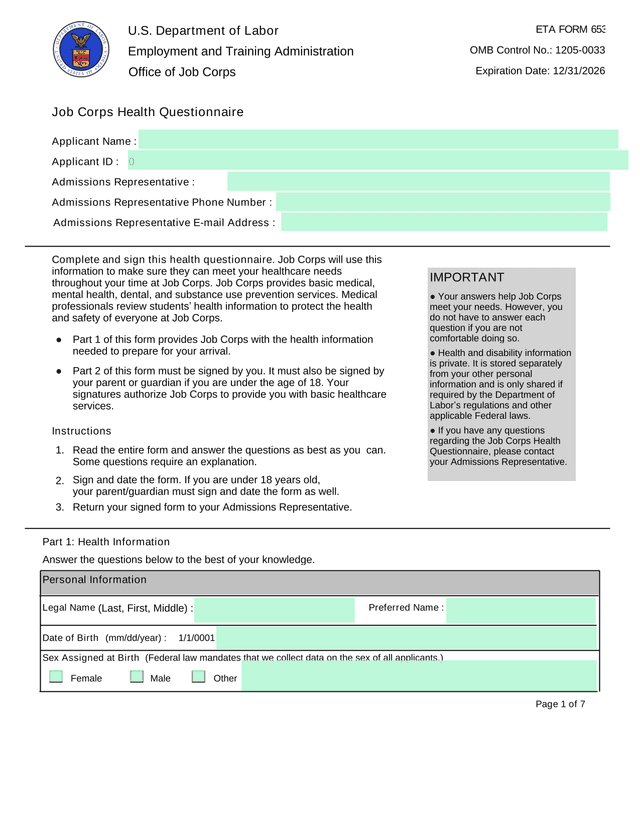 ETA FORM 653 Job Corps Health Questionnaire screenshot