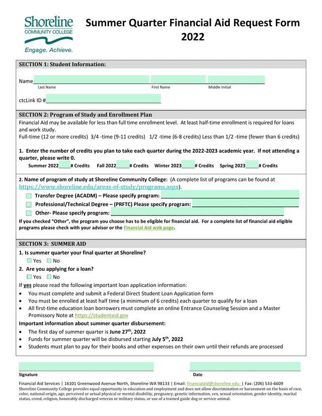 Summer Quarter Financial Aid Request Form screenshot