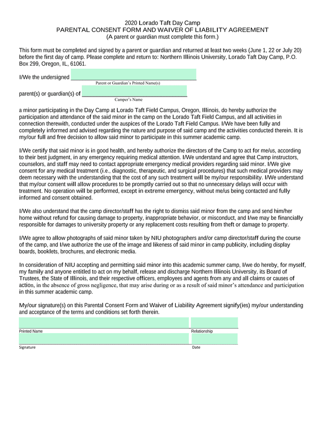 2020 Lorado Taft Day Camp Parental Consent Form And Waiver Of Liability Agreement screenshot