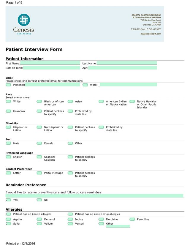 Patient Interview Form screenshot