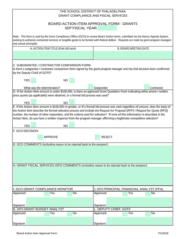 Board Action Item Approval Form screenshot