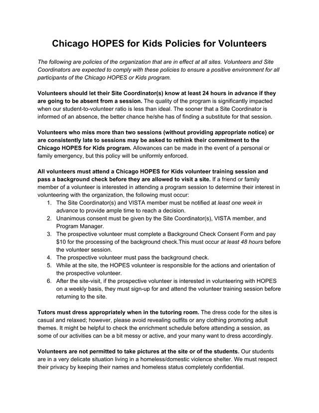 Chicago HOPES For Kids Policies For Volunteers screenshot