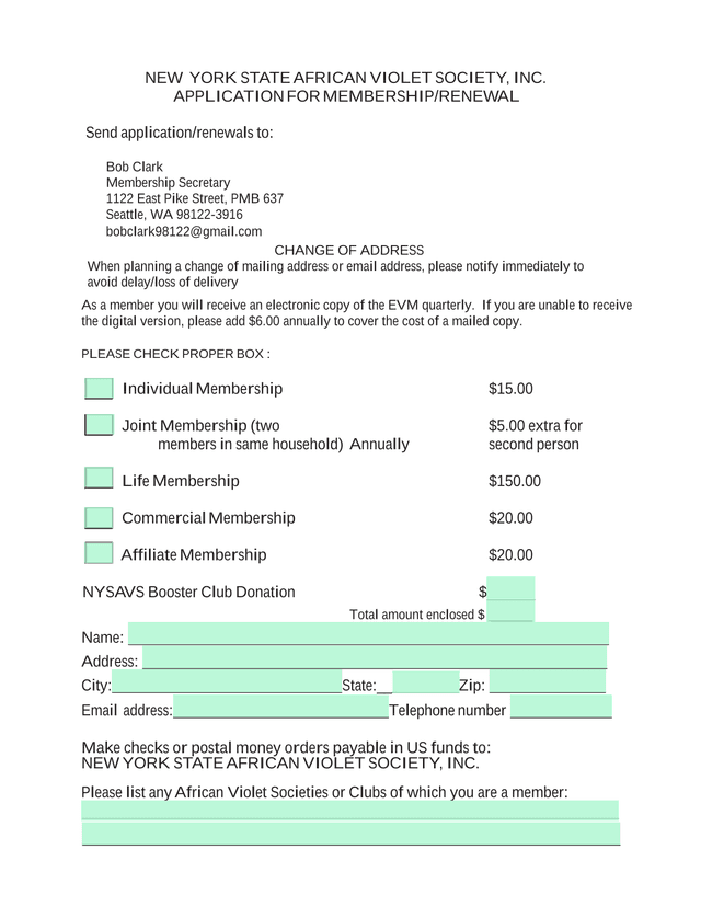 NEW YORK STATE AFRICAN VIOLET SOCIETY, INC. APPLICATION FOR MEMBERSHIPRENEWAL screenshot