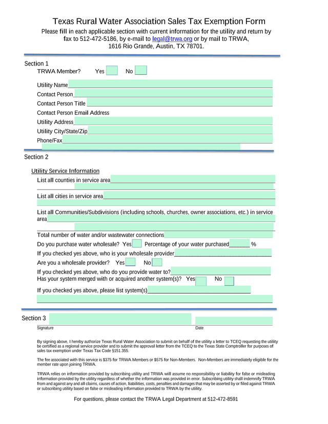 Texas Rural Water Association Sales Tax Exemption Form screenshot