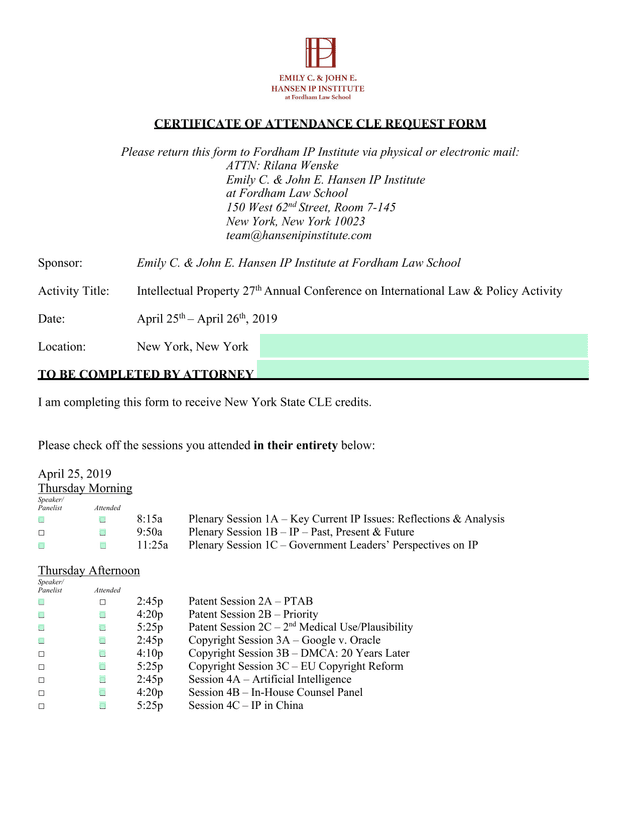Certificate Of Attendance CLE Request Form screenshot