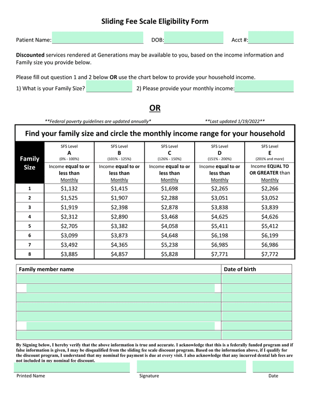 Sliding Fee Scale Eligibility Form screenshot