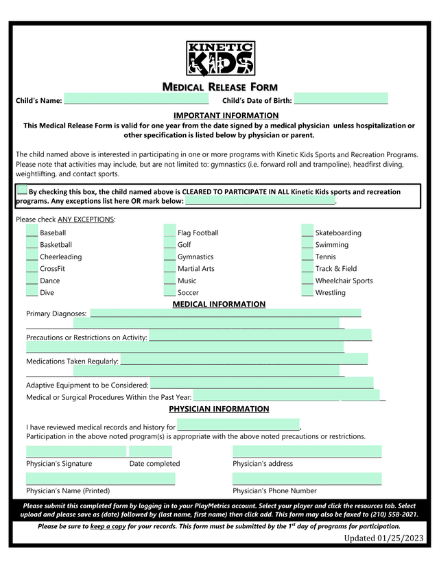 Medical Release Form screenshot