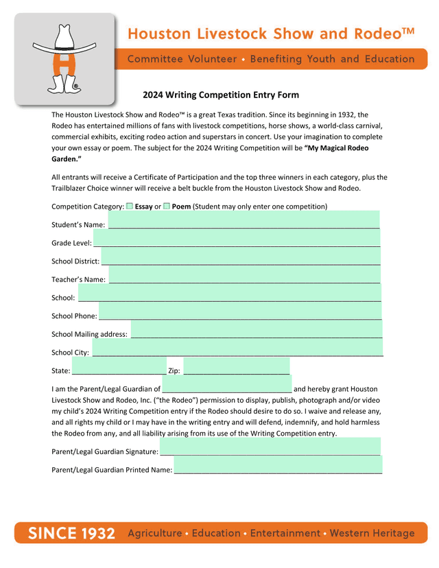 2024 Writing Competition Entry Form screenshot