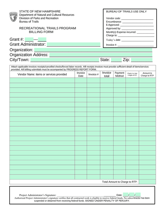 Recreational Trails Program Billing Form screenshot