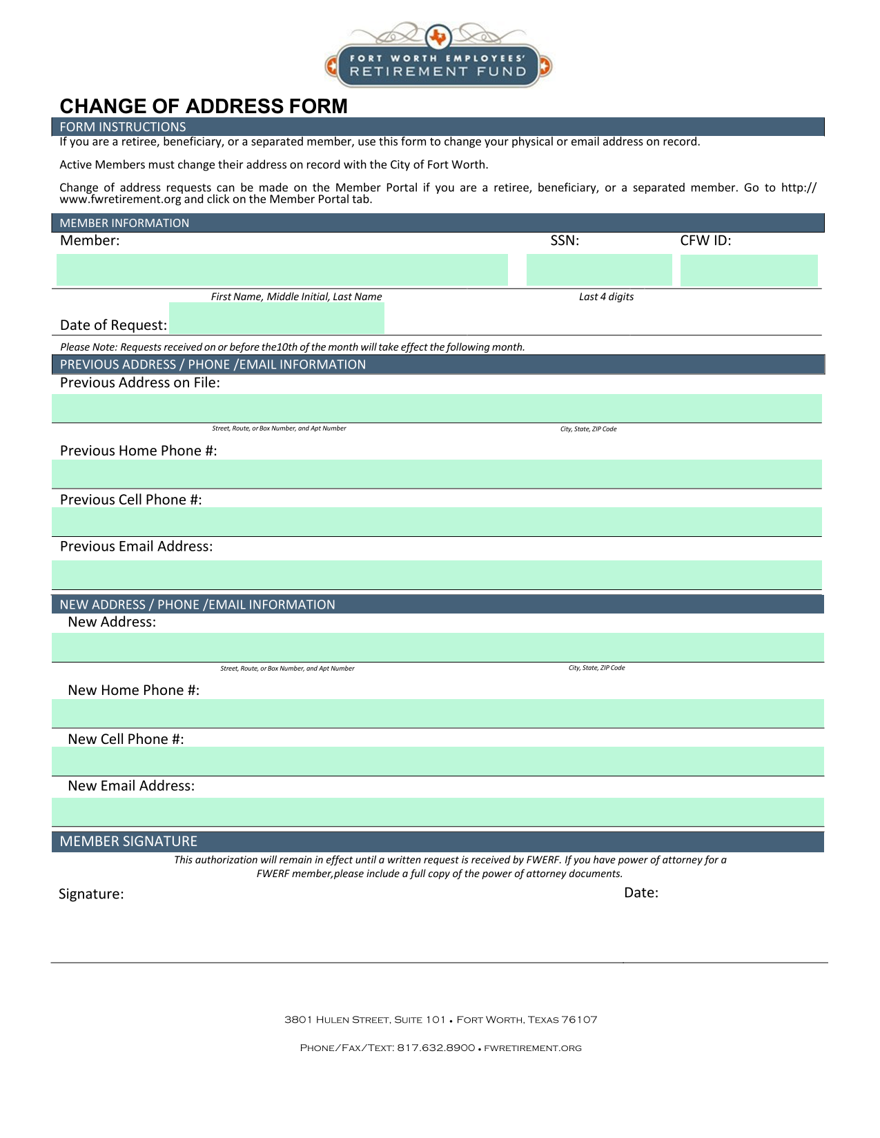 Change Of Address Form screenshot