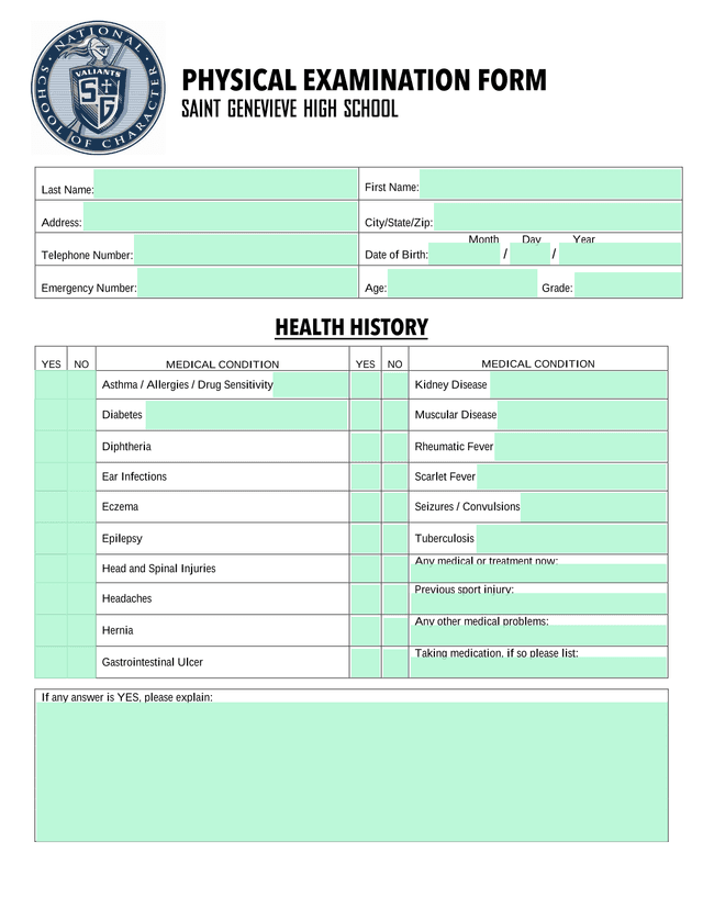 PHYSICAL EXAMINATION FORM screenshot