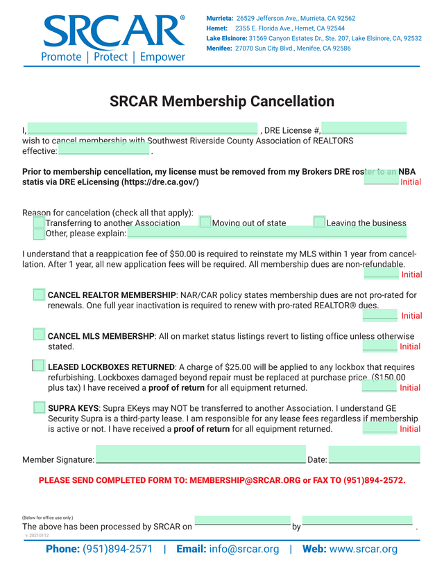 SRCAR Membership Cancellation screenshot