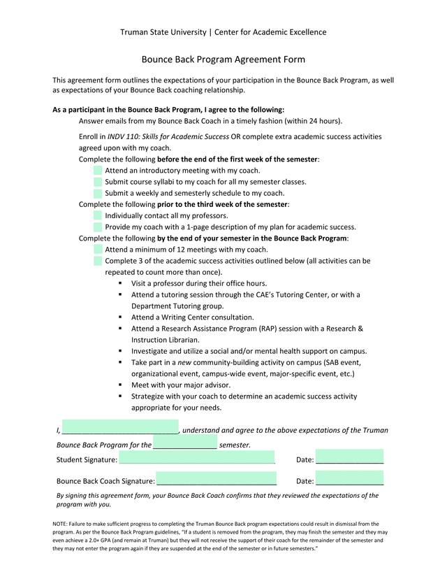 Bounce Back Program Agreement Form screenshot