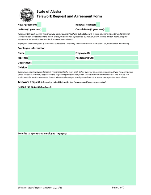 Telework Request And Agreement Form screenshot